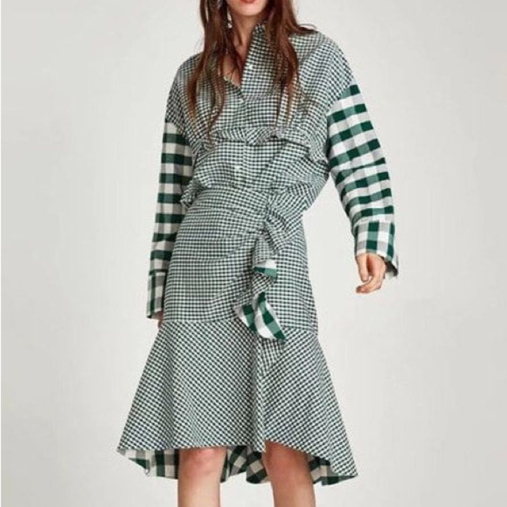 ZARA Green Check Ruffle Top and Skirt Size Medium